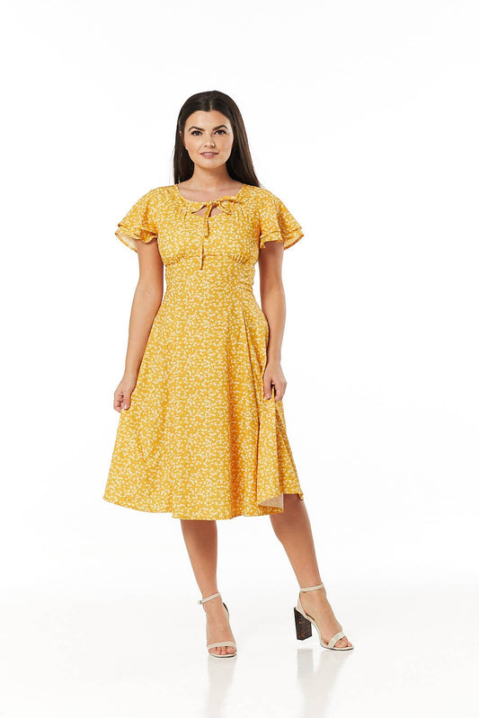 Sanj Swing Midi Dress W Empire Waist &Flutter Sleeves