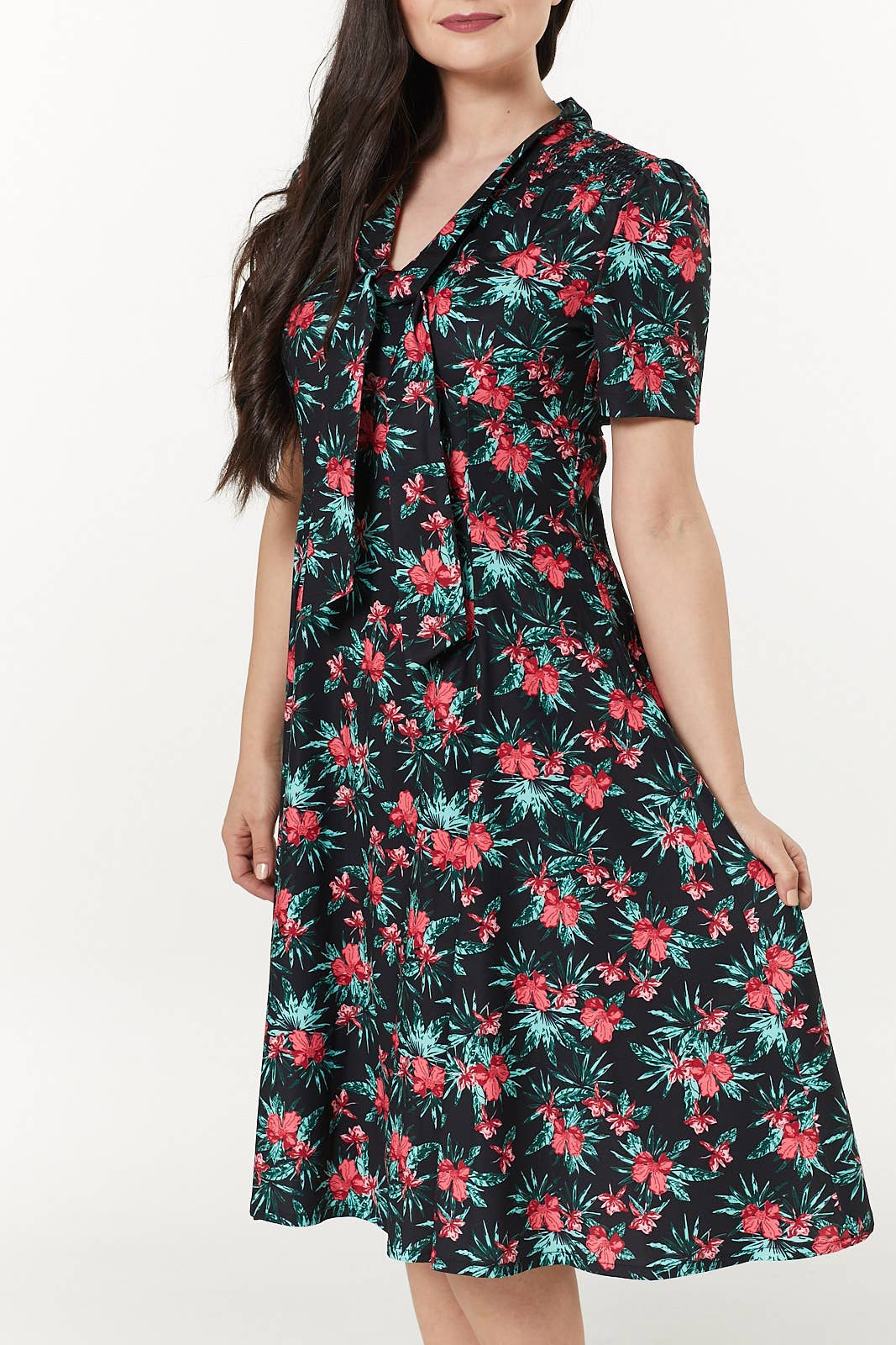 Reese Midi Swing Neck Tie Floral Print Dress