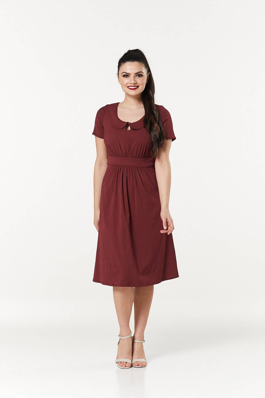 Mavis Midi Burgandy Dress with Peter Pan Collars