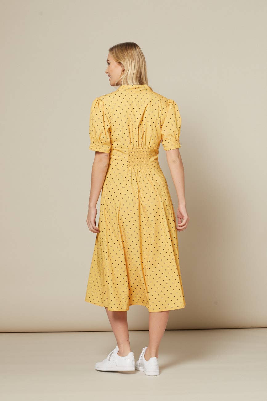 Tia A Line, Yellow and Black Polka Dot Midi Tea Dress