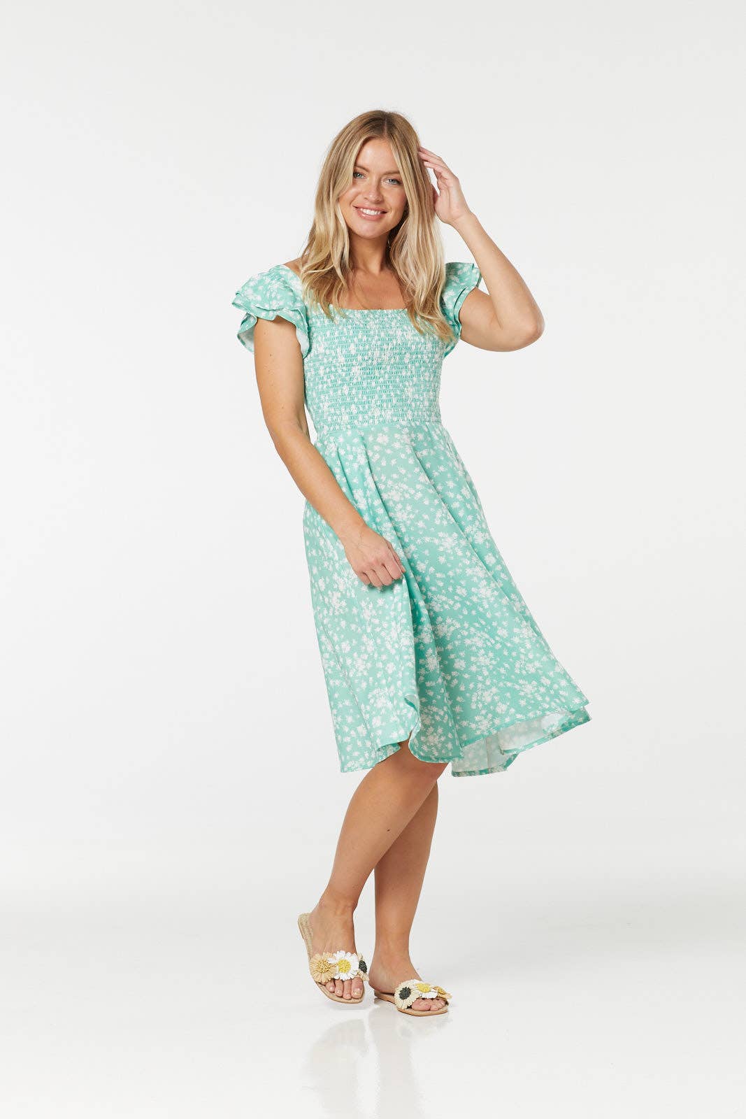 Tory Flutter Sleeves A line fit&flare Green Floral Dress