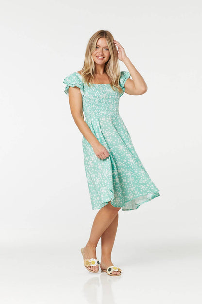 Tory Flutter Sleeves A line fit&flare Green Floral Dress