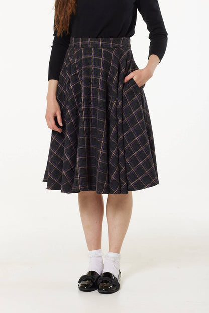 Sophie Purple Woollen Check Tartan Midi Swing Skirt