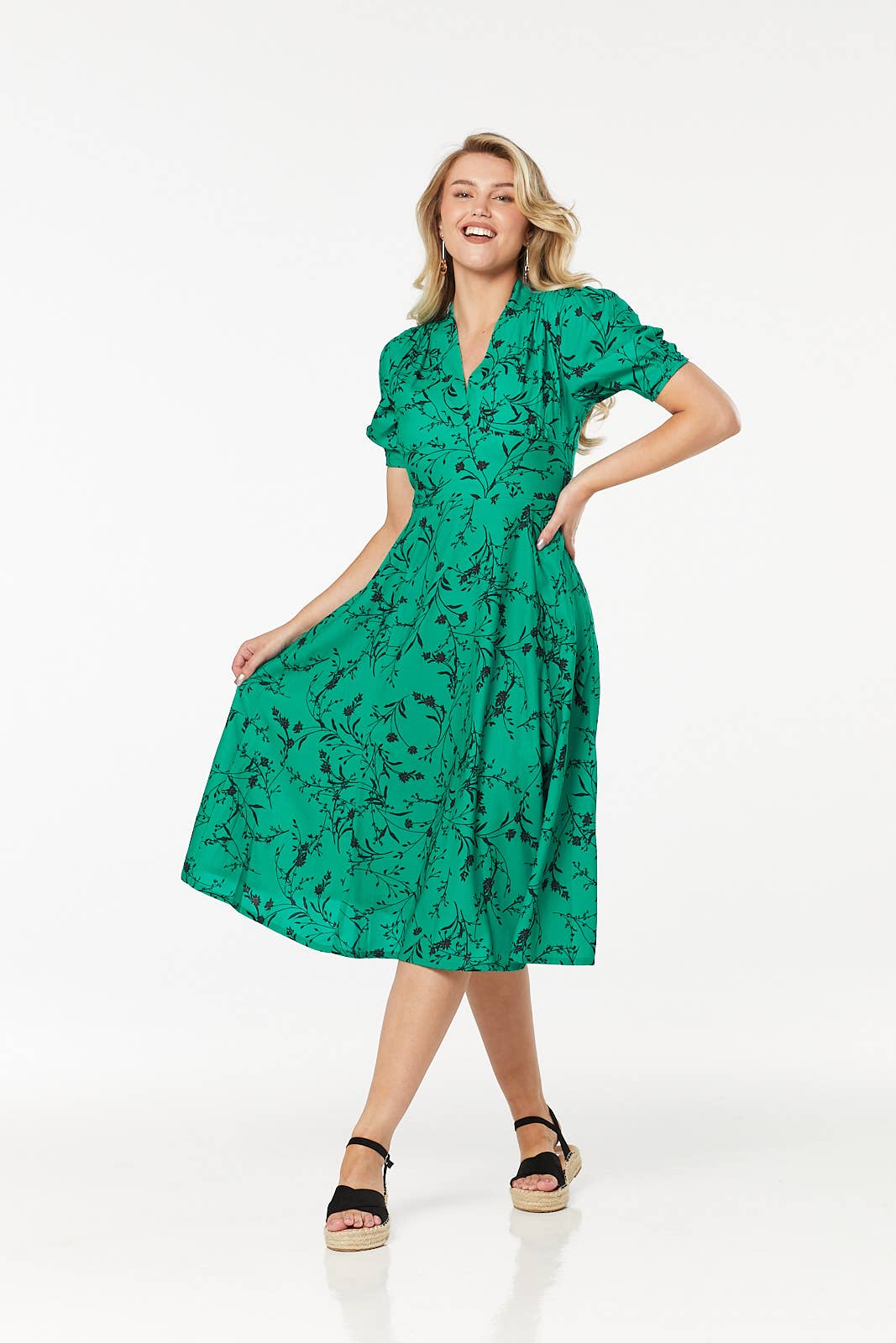 Rossel A Line Dress Green Floral Midi Tea Dress