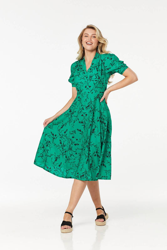 Rossel A Line Dress Green Floral Midi Tea Dress