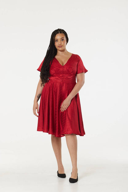 Kaylee Fit and Flare, Midi Swing Red Dress in Jacquard