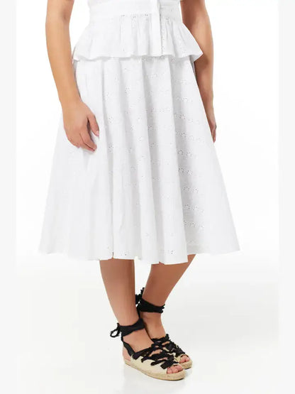 Angelina Swing Midi Organic Cotton Anglaise Skirt White