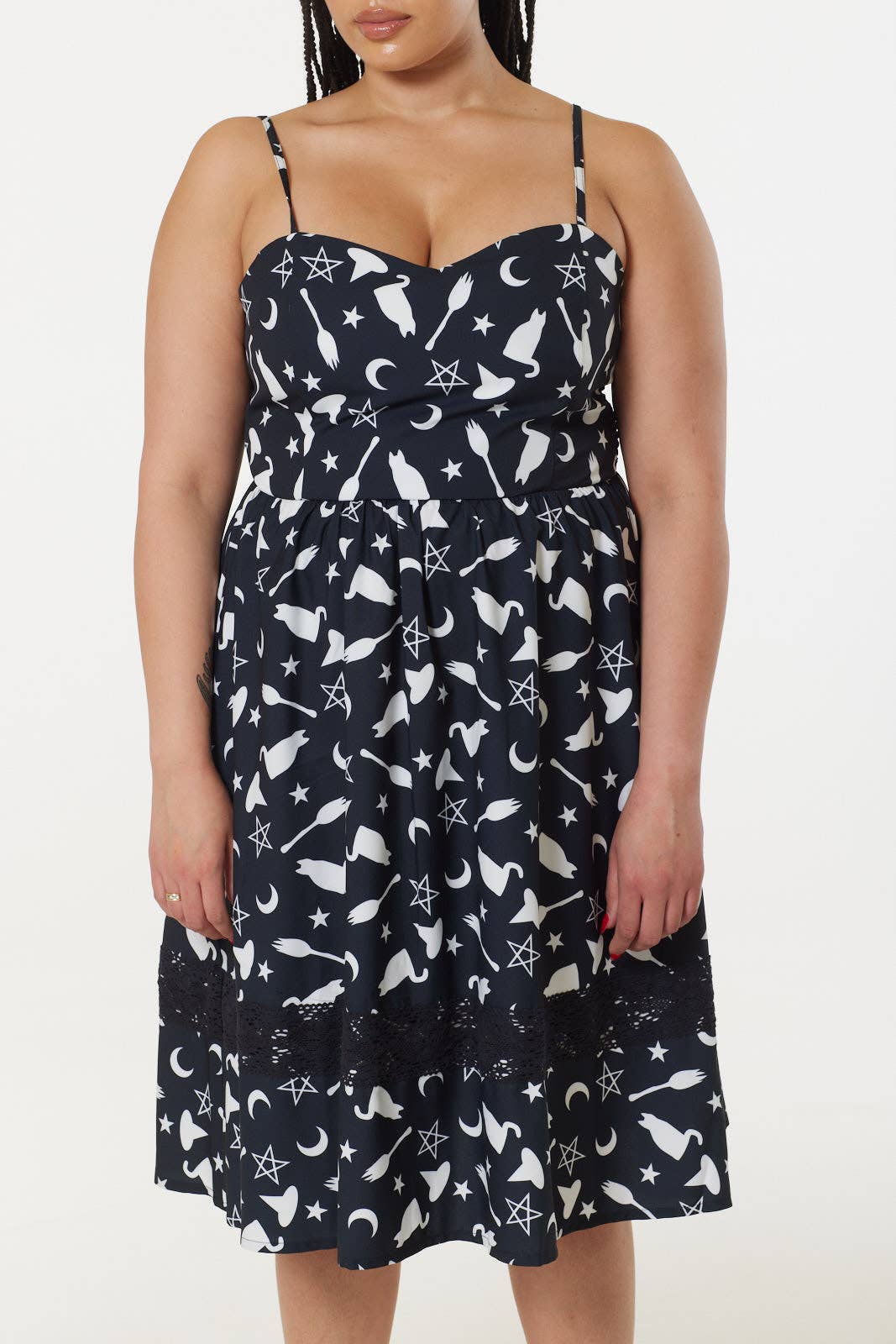 Alternative Witch Midi Fit&Flare Dress with Lace Hem detail