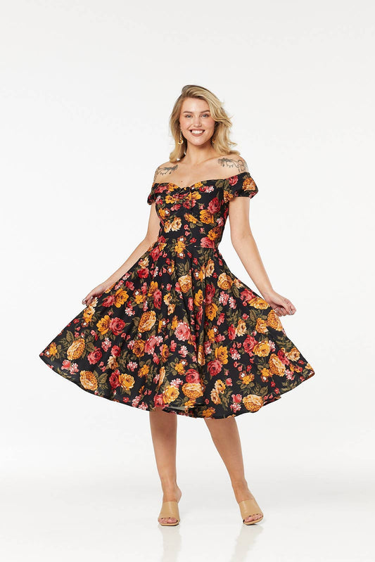 Moni Off-Shoulder, Fit and Flare, Skater Midi Floral Dress