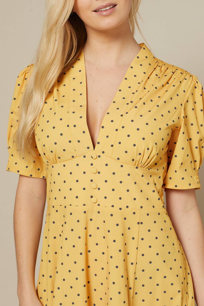 Tia A Line, Yellow and Black Polka Dot Midi Tea Dress