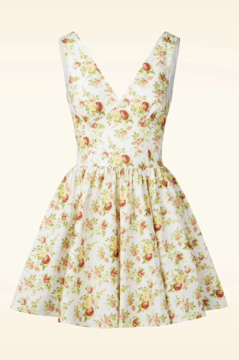Irisa vintage floral white and yellow V Neck Mini Dress