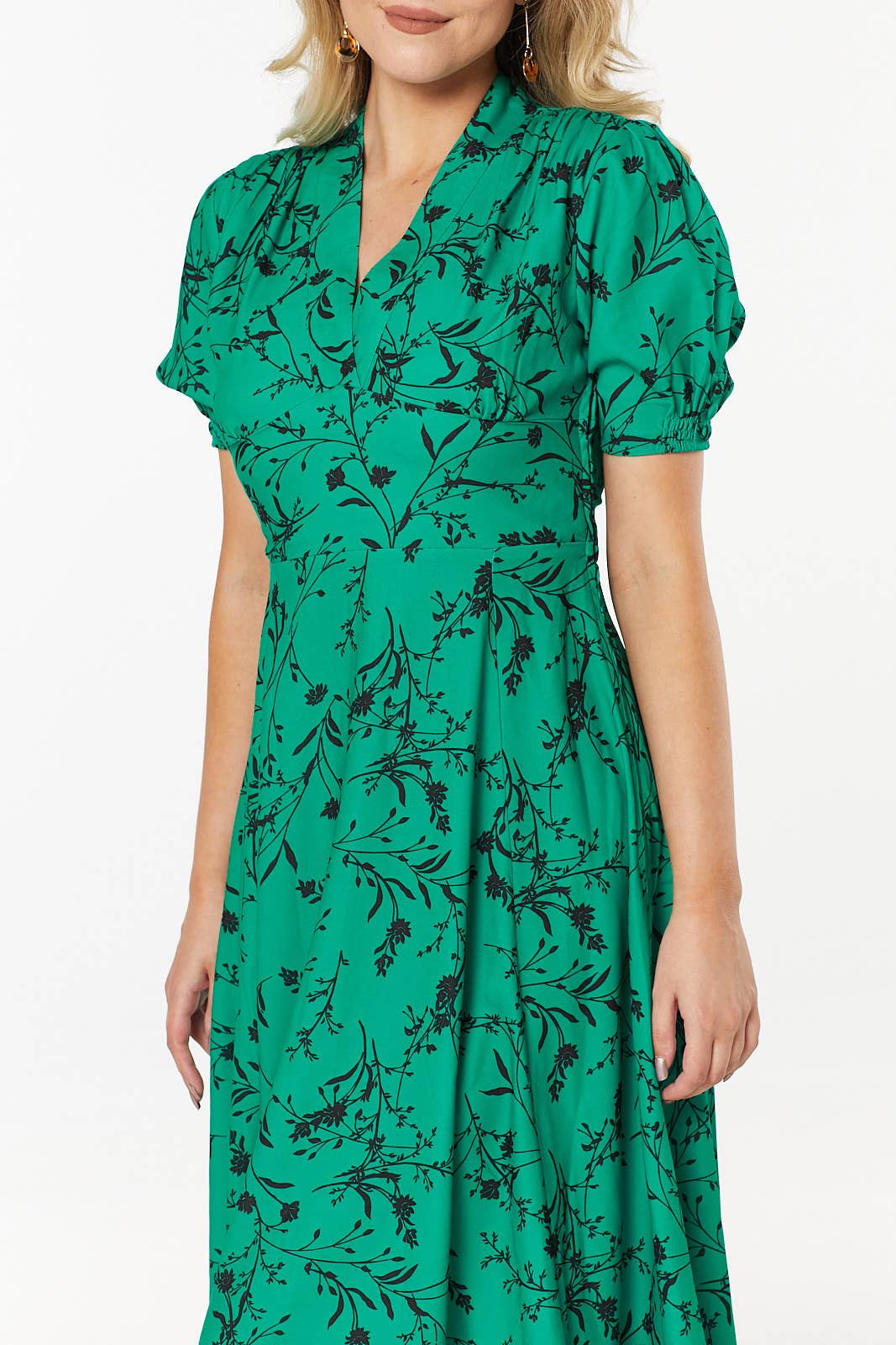 Rossel A Line Dress Green Floral Midi Tea Dress