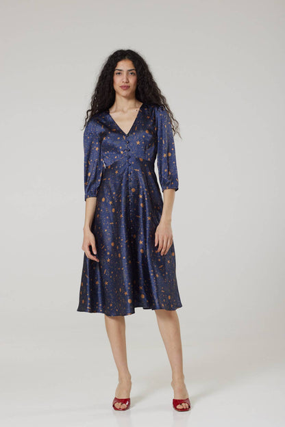 Daphne Midi,Moon and Print Stars Tea Dress in Recycled fabr