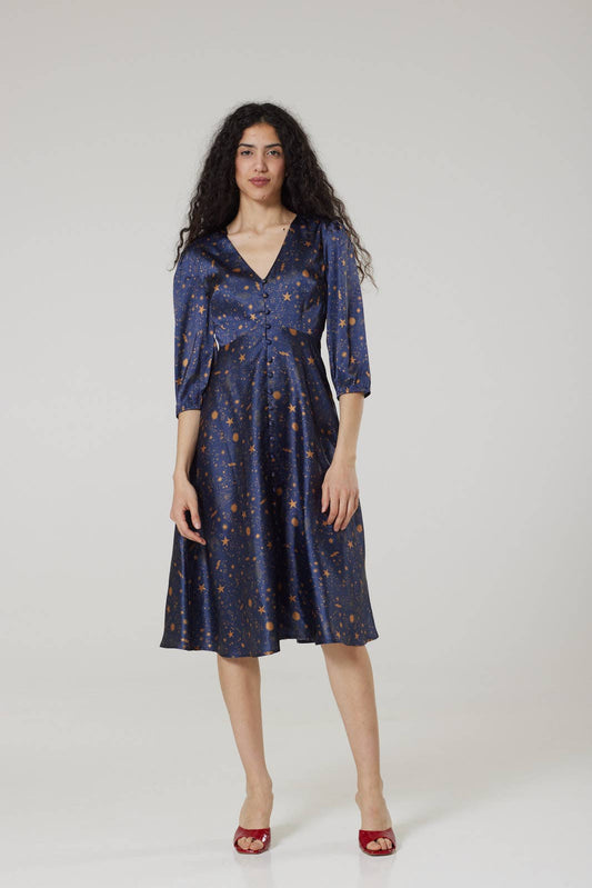 Daphne Midi,Moon and Print Stars Tea Dress in Recycled fabr
