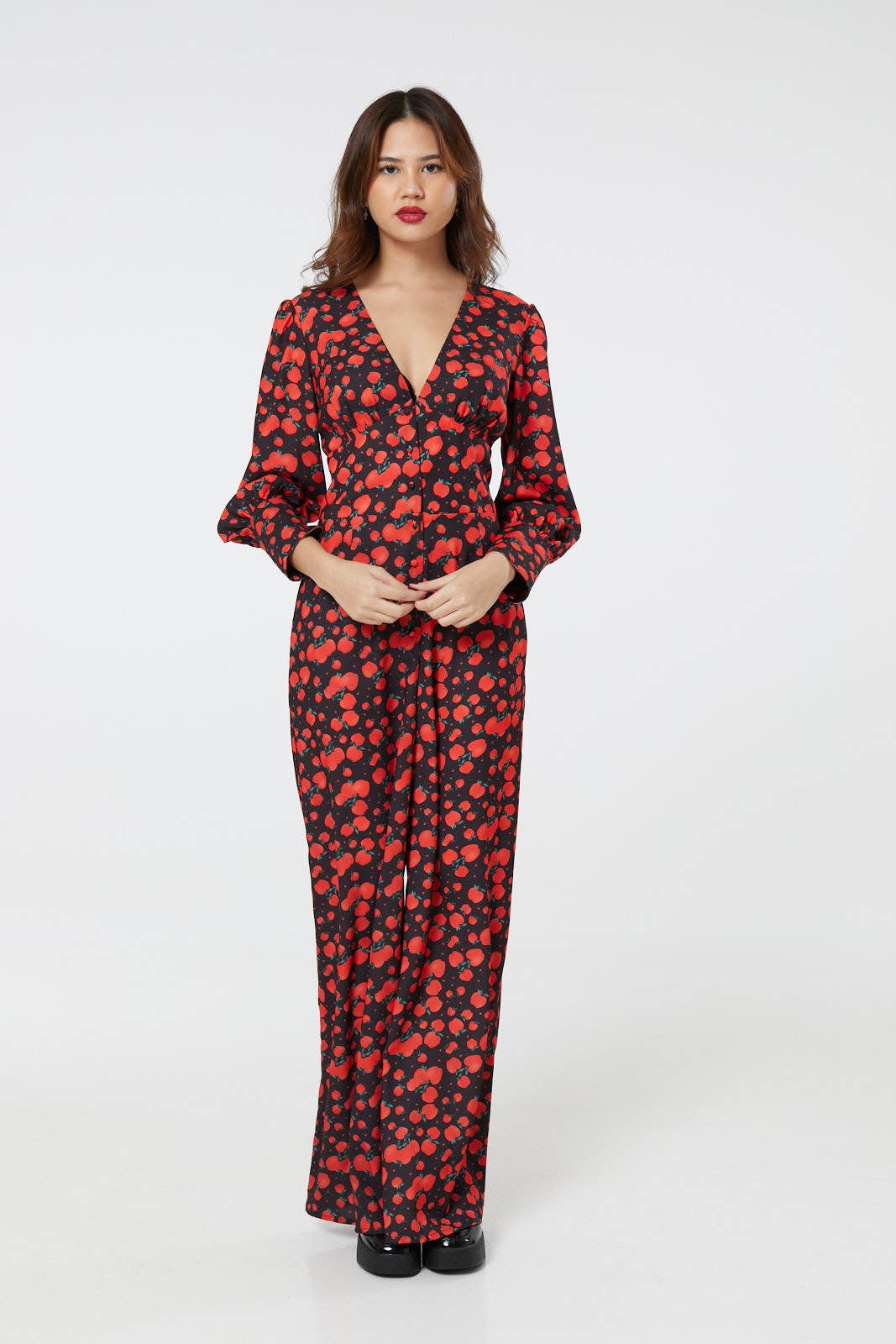 Marina V Neck Full Sleeves Apple Wide Leg Jumpsuit