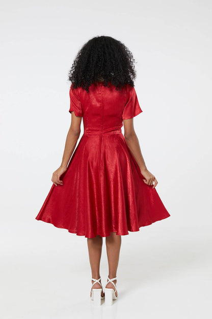 Kaylee Fit and Flare, Midi Swing Red Dress in Jacquard