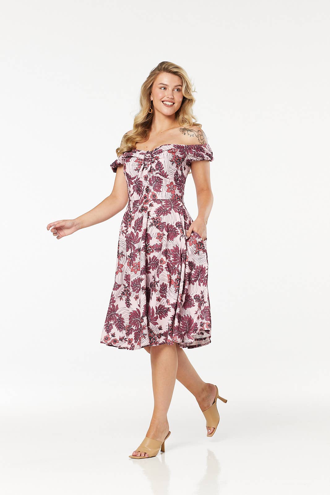 Off-Shoulder Fit and Flare Floral Midi Swing Klaudi Dress