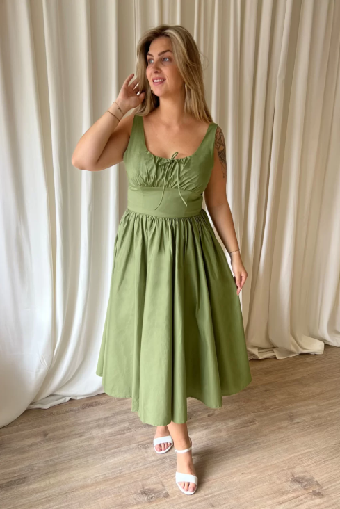 Lolita Square Neck Midi Sage Green Sleeveless Dress