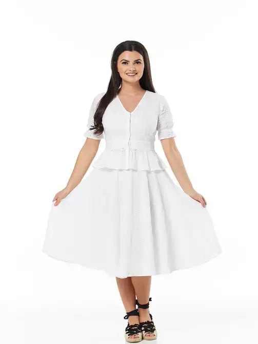 Angelina Swing Midi Organic Cotton Anglaise Skirt White