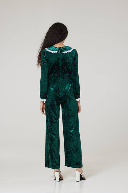 Pixie Festive Wide Leg Velvet Jumpsuit in Green
