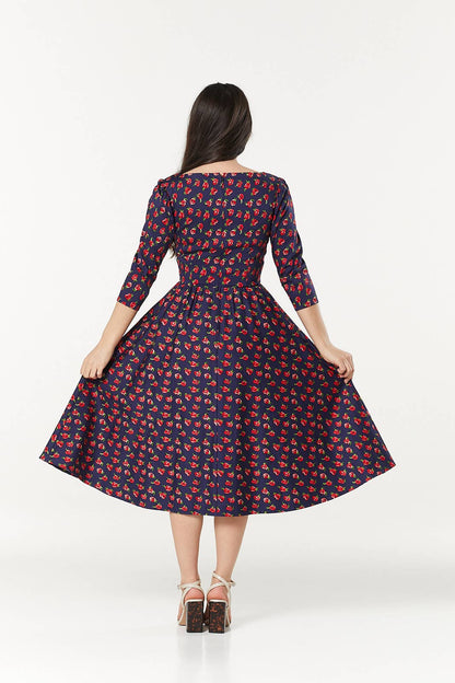 Isabella Midi, 3/4 Sleevesm Navy and Rose Print Dress