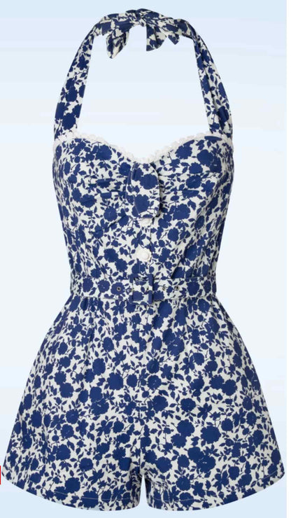 Esme Halter Neck Blue and White Playsuit with shirring
