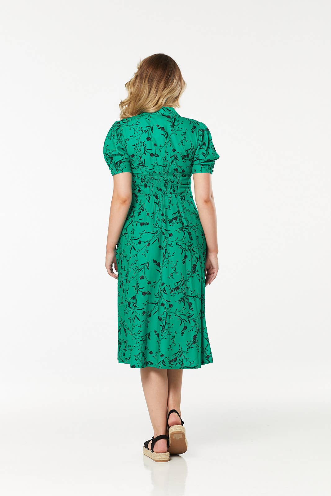 Rossel A Line Dress Green Floral Midi Tea Dress