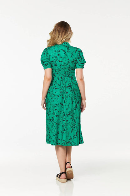 Rossel A Line Dress Green Floral Midi Tea Dress