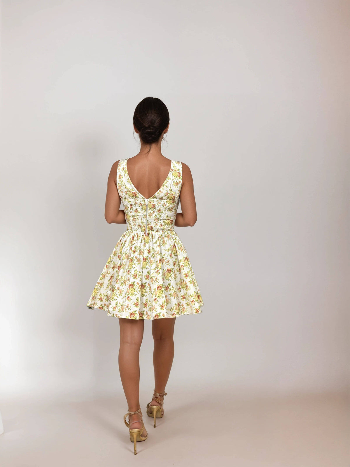 Irisa vintage floral white and yellow V Neck Mini Dress