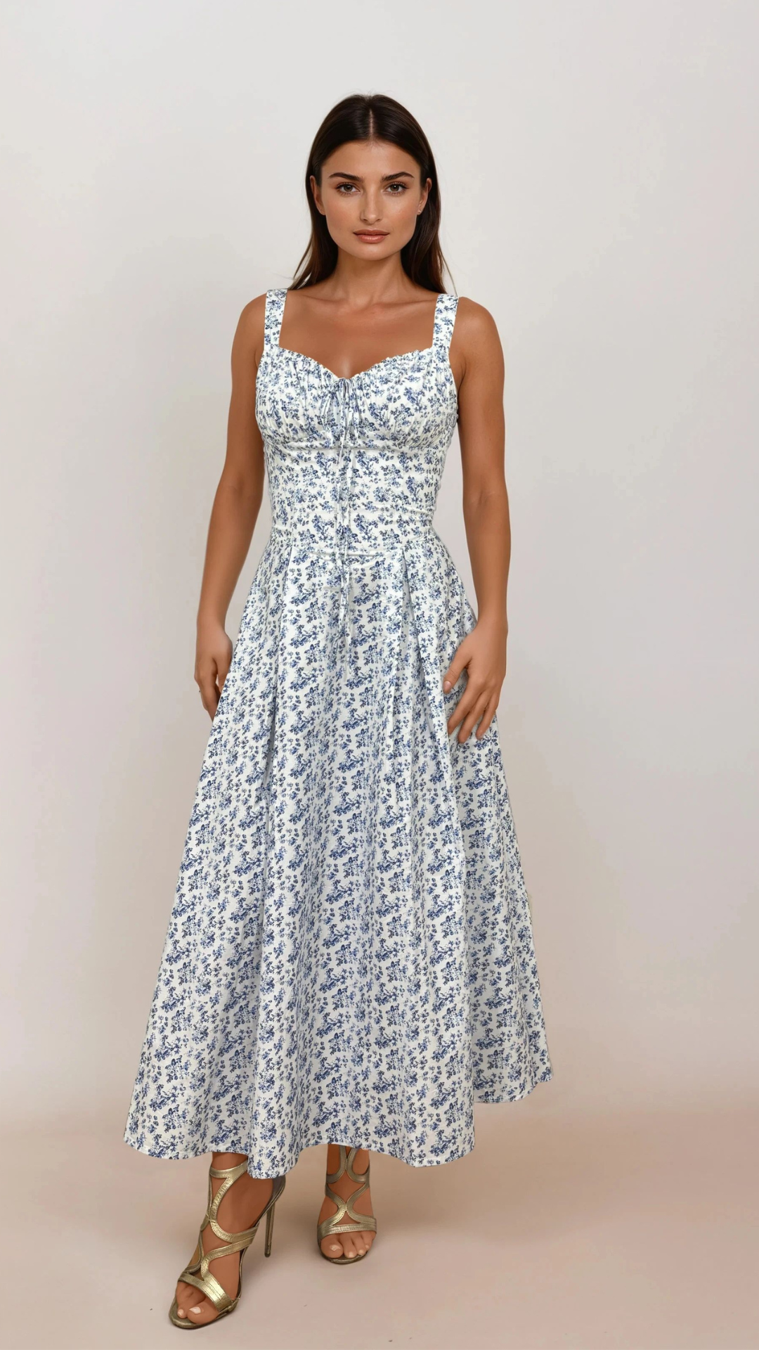 Saira Printed Swing Bust Gathered Tie Midi Dress