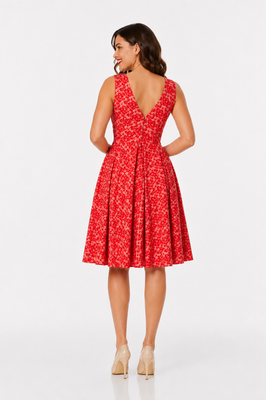 Hazel Sleevless V Neck, Midi Fit and Flare Dress wt Faux Bow