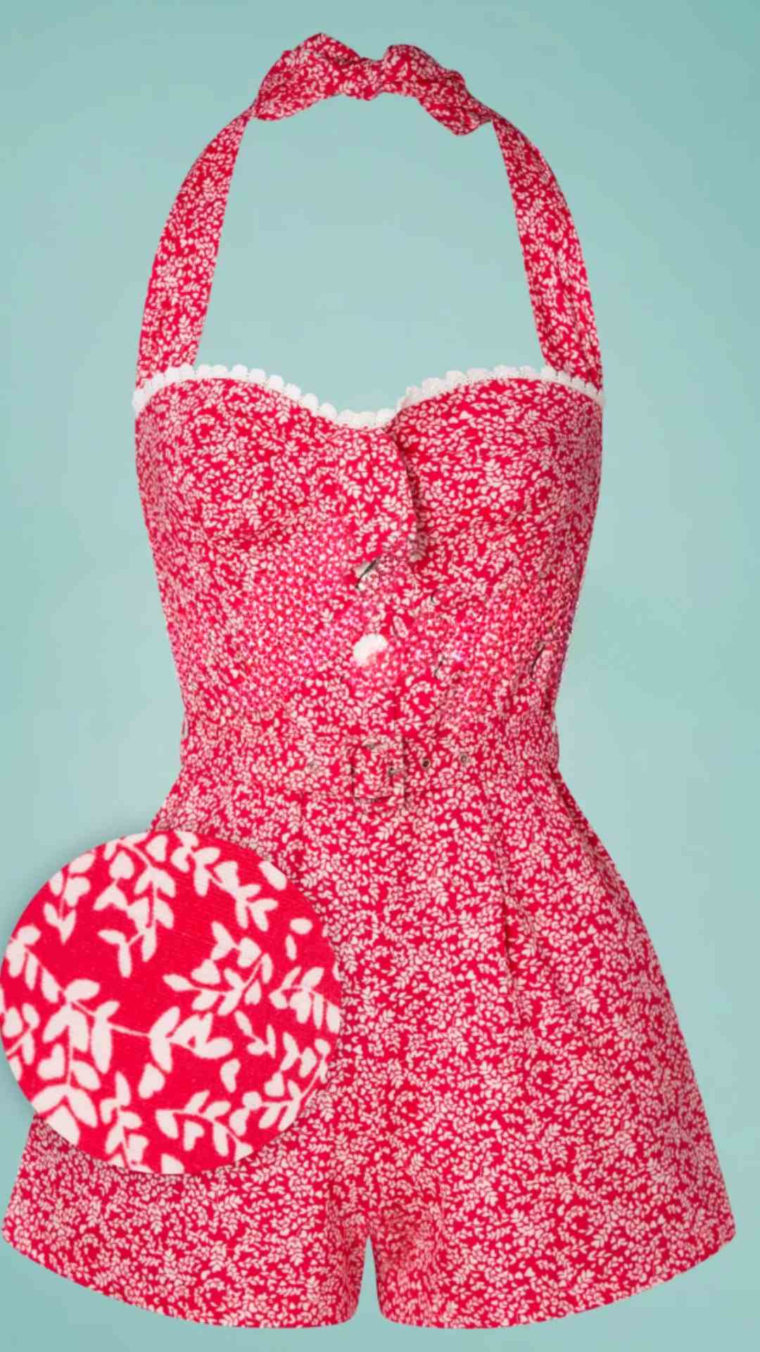 Lin Halter Neck Pink and White Print Playsuit with shirring