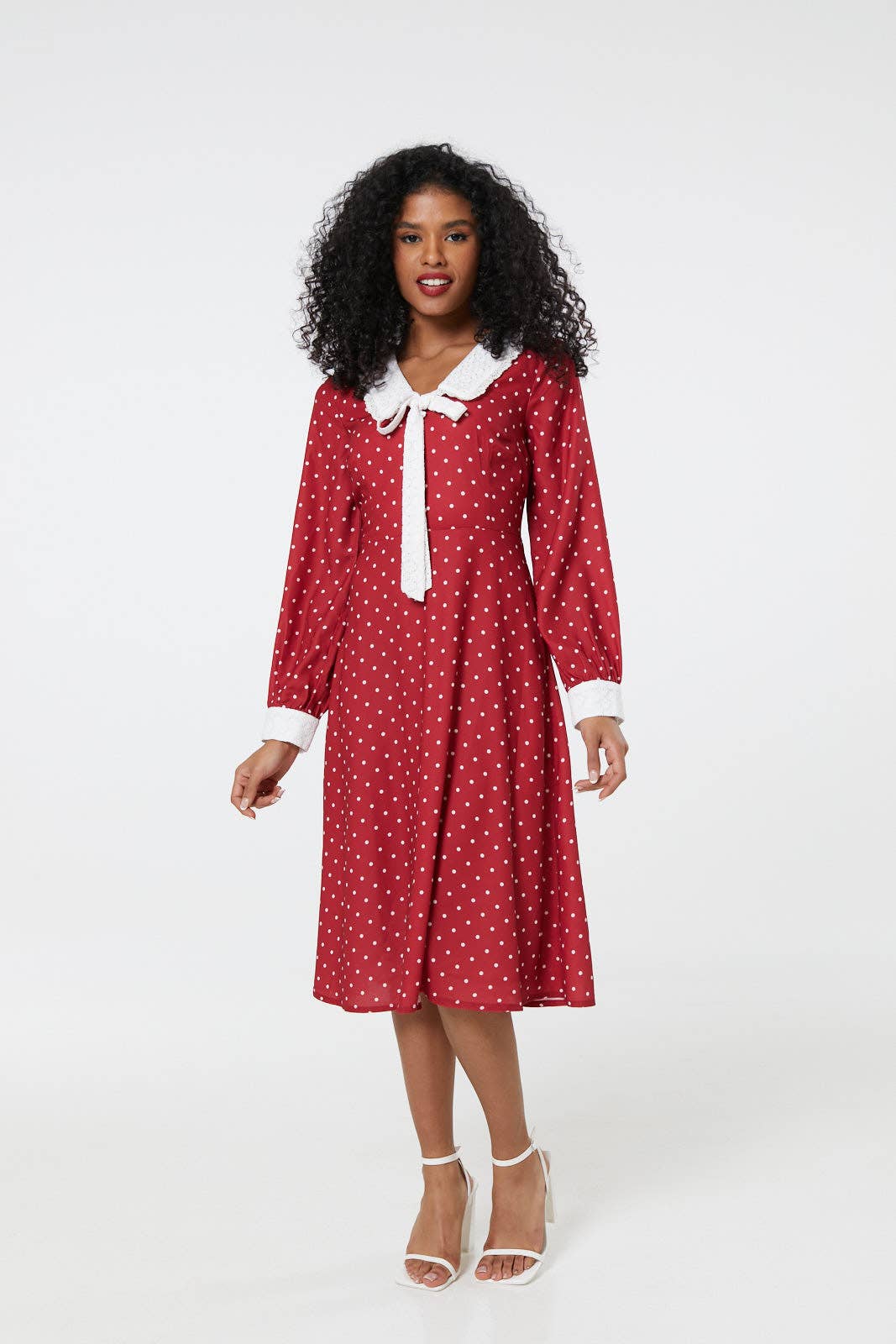 Lace Bow Front Midi Tea Dress in Black and White Polka